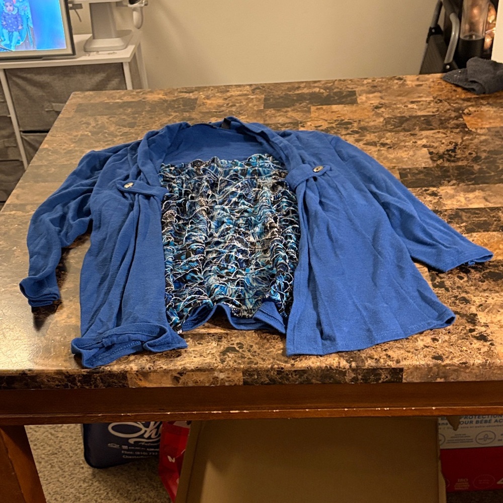 Notations Blue Cardigan with Patterned Top